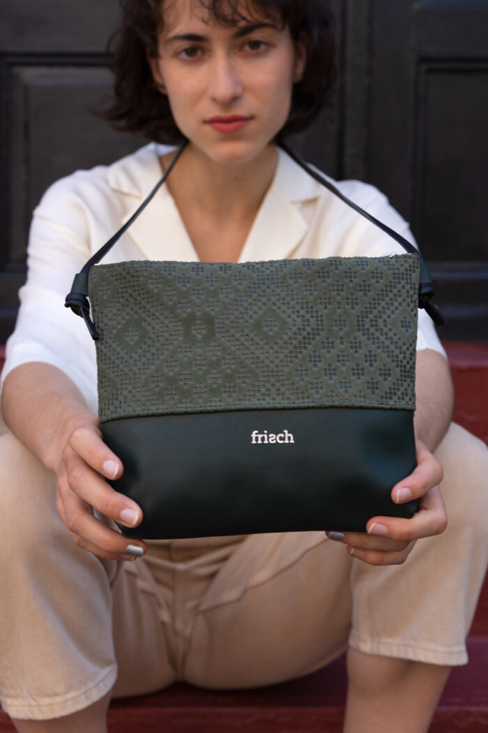 frisch Beutel Tasche aus dunkelgrünem Leder mit Muster