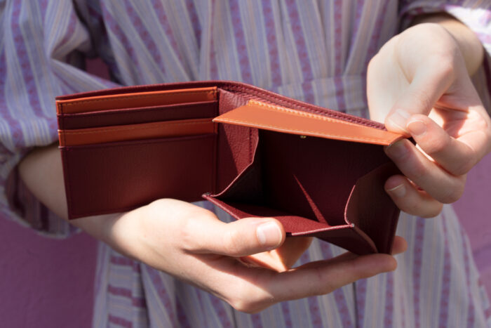 Brieftasche aus Apfelleder in Händen vom Modell in bordeauxrot und orange geöffnet
